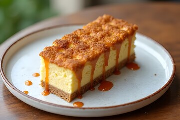 Caramel Drizzled Cheesecake with Crumbly Topping