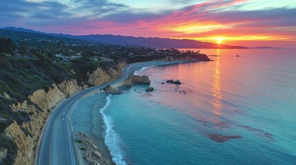 Fototapeta premium Coastal highway sunset aerial view, Pacific ocean, California