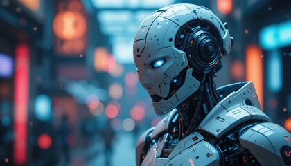 Fototapeta premium A futuristic humanoid robot stands in a vibrant city at night its glowing blue eyes observing the bustling cityscape showcasing advanced robotic technology and artificial