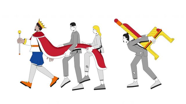 Burden of monarchy authority and class struggle 2D animation. King walking ahead with impoverished servants exploitation animated characters cartoon flat concept metaphor 4K video isolated on white