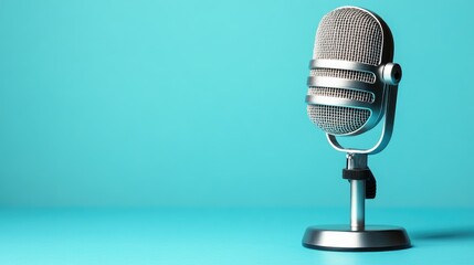 A high-quality podcasting mic with a pop filter, standing against a modern, minimalist color background.