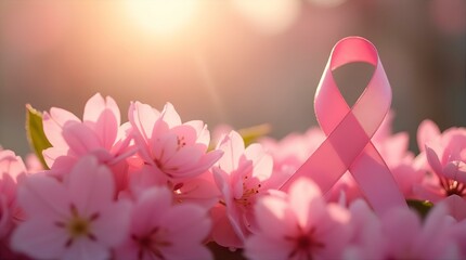 Bright Pink Ribbon for Breast Cancer Awareness Flowers Sunlight