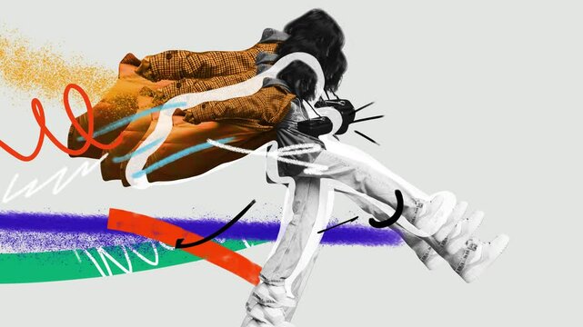 Momentum of fashion. Young woman steps forward, wind catching coat, splashes of color amplifying movement. Stop motion, animation. Concept of modern fashion, street style, youth