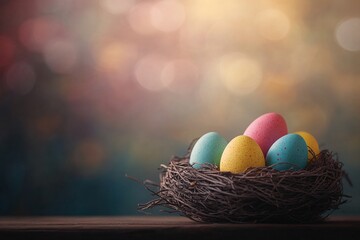 Obraz premium Colorful Easter eggs nestled in a natural nest against a warm sunny background celebrating spring and renewal.