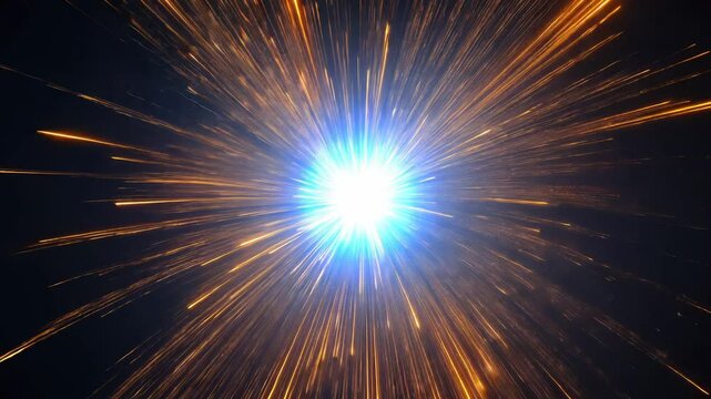 A bright orange and blue explosion in space. The explosion is surrounded by a lot of orange and blue sparks