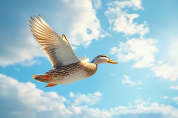 Obraz premium Duck soaring sunny sky, clouds background; freedom concept