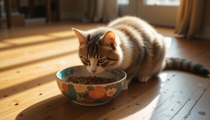 Obraz na płótnie Canvas A tabby cat with striking white markings intently eats dry cat food from a colorful patterned bowl on a sunlit hardwood floor.