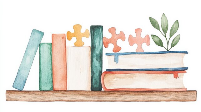 A charming illustration of colorful books and playful puzzle pieces on a wooden shelf, perfect for promoting education and creativity in any space.