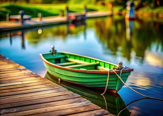 Obraz premium A tiny green wooden rowboat floats serenely on calm water, a miniature world captured in tilt-shift photography.