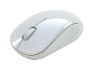 A sleek, modern white computer mouse with a smooth finish and a prominent scroll wheel, Transparent background.