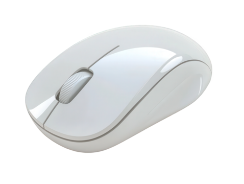 A sleek, modern white computer mouse with a smooth finish and a prominent scroll wheel, Transparent background.