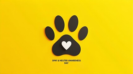 Spay & Neuter Awareness Day Flat Lay Black Paw Print Heart on Yellow - Pet Welfare