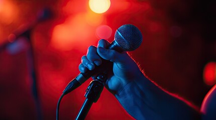Obraz premium A performer's hands gripping a wireless microphone, ready to speak or sing, with a bold backdrop.