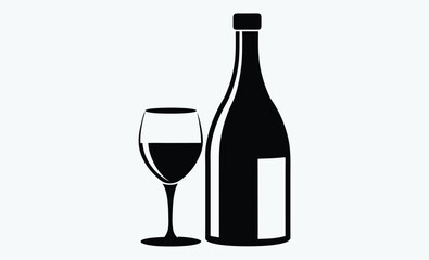 Wine bottle with glass icon, drinkware silhouette vector illustration