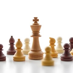 Strategic Chess Set Featuring Wooden King Surrounded by Various Pieces