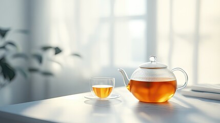 A refreshing pour of tea from a teapot into a glass cup, with a light background that highlights the vibrant tea color.