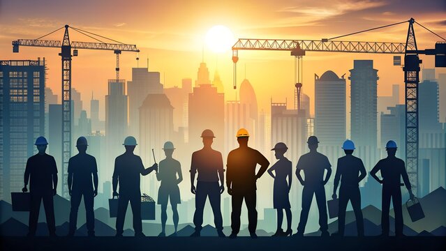 construction workers with helmet, industrial theme, city skyline silhouette, labor day, May 1st International Labor Day celebration