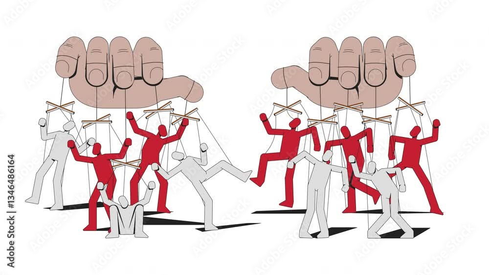 Poster totalitarianism manipulation with puppets strings 2d animation. psychological propaganda. puppeteer 