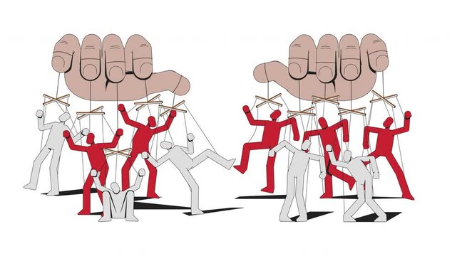 Totalitarianism manipulation with puppets strings 2D animation. Psychological propaganda. Puppeteer controlling people animated characters cartoon flat concept metaphor 4K video isolated on white