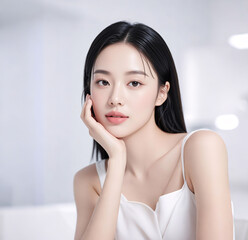Portrait of pretty girl, beauty salon poster model with fair skin, one hand resting on face.