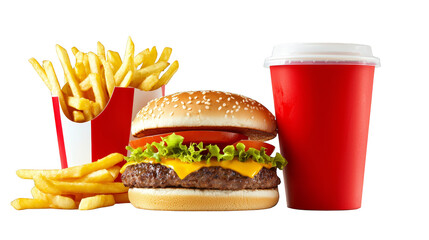 Juicy hamburger with golden fries and refreshing soda,  classic fast food meal delicious