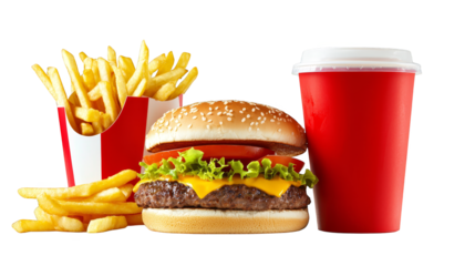 Juicy hamburger with golden fries and refreshing soda,  classic fast food meal delicious