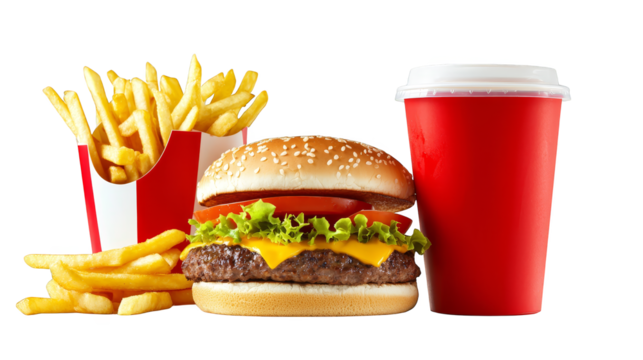 Juicy hamburger with golden fries and refreshing soda,  classic fast food meal delicious
