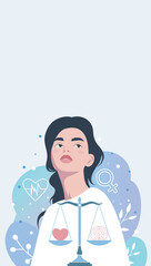  International Mental Health Day. Woman and scales, brain and heart reflect harmony between mind and feelings, balance of emotions. Vector illustration for psychology and psychotherapy projects