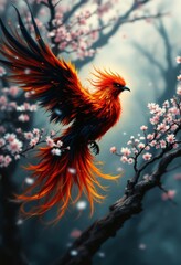Fototapeta premium Fiery Phoenix Bird Art Print Fantasy Artwork on Branch