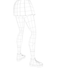 A woman's legs are drawn in black and white. The legs are shown in a very detailed manner, with the feet and shoes clearly visible. The image is of a woman wearing a skirt and shoes