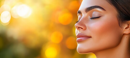Fototapeta premium Close-up portrait of Woman with perfect skin enjoys nature beauty in golden hour period.