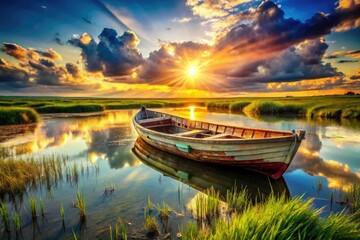 Fototapeta premium Coastal portraits: breathtaking photography of marsh boats, reflecting the essence of waterside living.