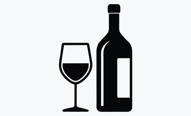 Wine bottle with glass icon, drinkware silhouette vector illustration
