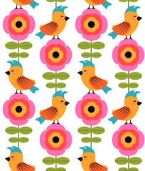Abstract cute scandinavian nordic folk art style adorable birds and wildflower seamless pattern, vector illustration scandi repeat summer spring colorful design print