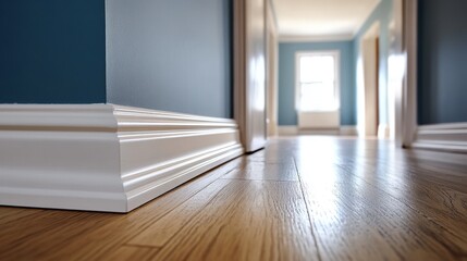 Hallway with wood floors and white trim next to blue walls. Use for home improvement or interior design ads and promotions.