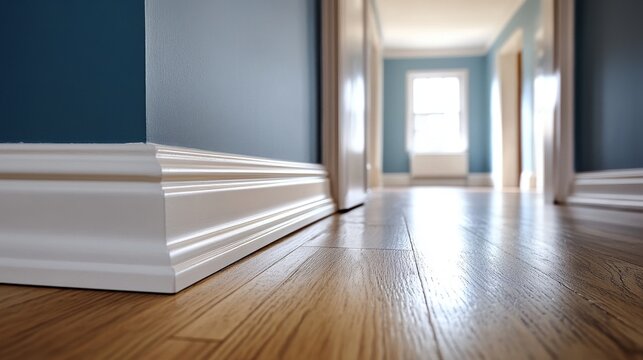 Hallway with wood floors and white trim next to blue walls. Use for home improvement or interior design ads and promotions.