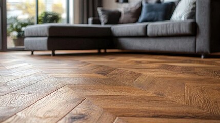 Close-up of a premium oiled oak parquet floor in a cozy living room, showcasing natural wood textures