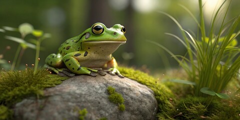 Fototapeta premium Green Frog Sitting on a Rock in a Lush Forest