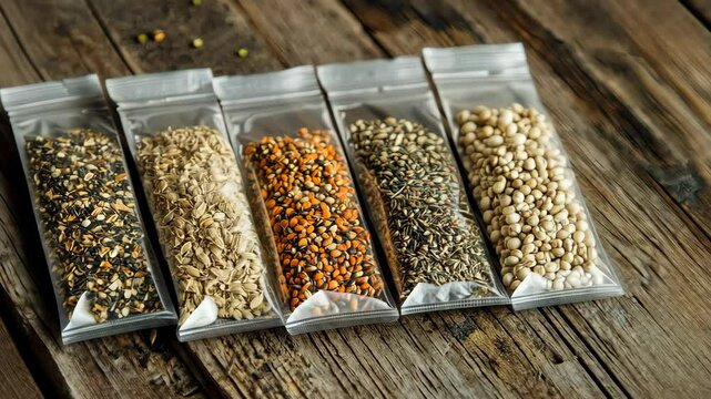 A clean arrangement of wildflower seeds in small packets styled on a wooden table..