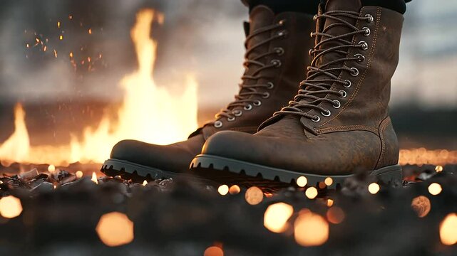 Veterans&rsquo; boots beside Independence Day fire with embers rising