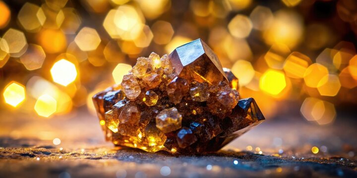 Detailed macro photography reveals siderite's textured, reflective surfaces, a natural gemstone with a bokeh-blurred background.