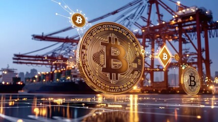 A trade analytics dashboard with blockchain security icons overlaid on Chinas supply routes.