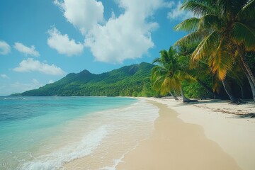  Tropical beach with palm trees and turquoise sea water on Mahé Island, Seychelles, offering a picturesque island paradise view.