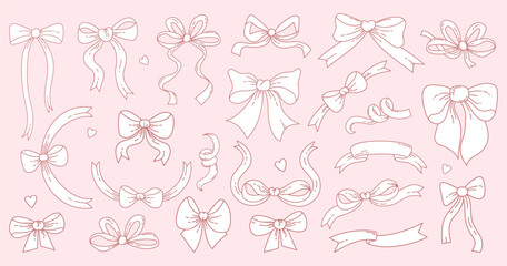 Vintage Coquette Aesthetic Outline Ribbon Bow set. Whimsy Romantic Girly Vibe. Vector illustration. Isolated Trendy various accessories elements on pink background. Line hand drawings
