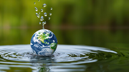 Water drop splashing globe symbolizes environmental protection and conservation efforts, highlighting importance of saving