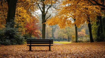 Fototapeta premium Bench in a dreamy autumn park, surrounded by vibrant trees, a gentle breeze scattering leaves.