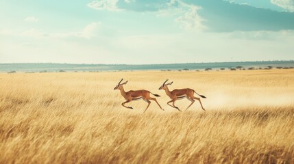 Naklejka premium Two gazelles running across a golden savanna landscape