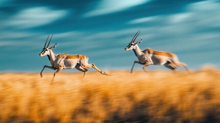 Two gazelles running across golden savanna landscape, vibrant sky. Possible stock photo use wildlife