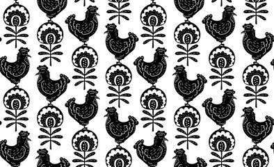 Black and white rustic farmhouse block print style cfolk hickens and abstract flowers seamless pattern, vector illustration repeat design