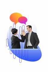 3d sketch poster trend collage image of two happy business partners girl guy clap together high-five gesture bubble communication